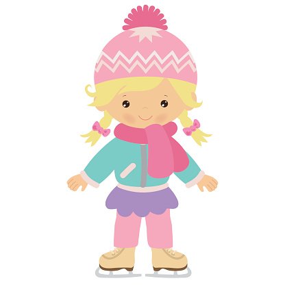 Smiling cartoon girl in pink winter hat, scarf, and ice skates, ready for skating.