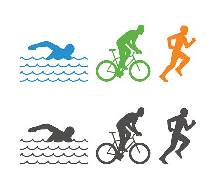 Six icons depicting swimming, cycling, and running in colored and grayscale styles for triathlon or fitness contexts.
