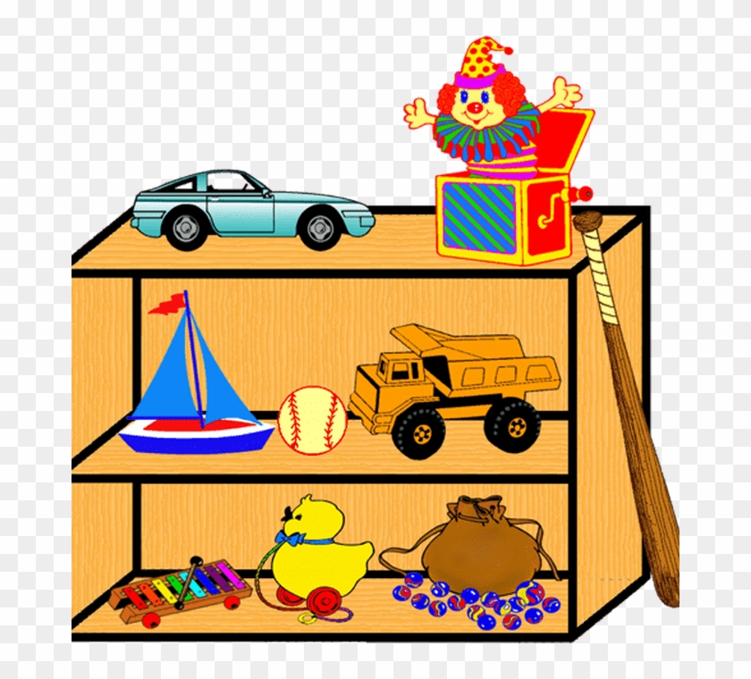 Wooden toy shelf with clown jack-in-the-box, car, sailboat, dump truck, rubber duck, xylophone, baseball, and marbles.