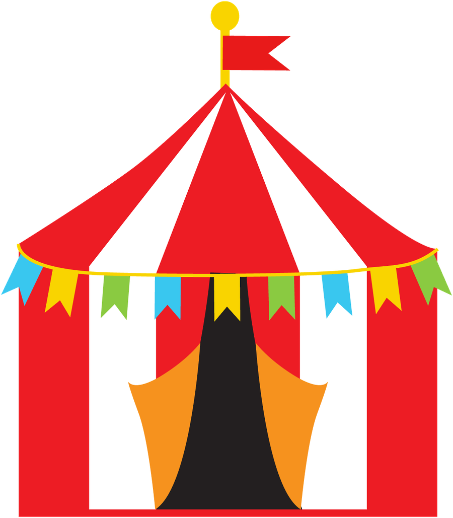 Colorful red-and-white striped circus tent with bunting flags and a flagpole on top.