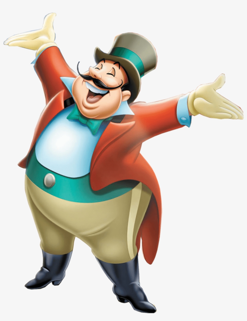 J. Worthington Foulfellow, the sly fox from Disney’s Pinocchio, in a red coat, green bowtie, and top hat, gesturing grandly.