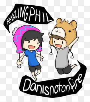 Cartoon illustration of two characters: one with pink zigzag hat and blue shirt, the other in bear costume; text reads "AMAZINGPHIL" and "Danisnotonfire".