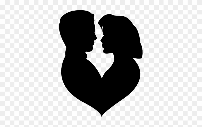 Silhouette of a man and woman facing each other, forming a heart shape with their profiles.