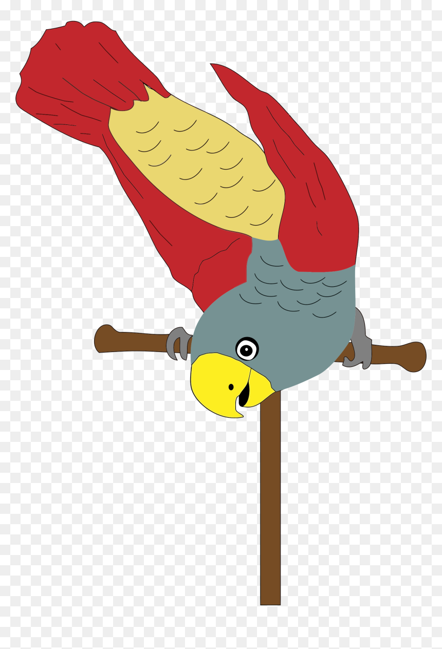 Cartoon parrot with red wings, gray body, yellow beak perched upside-down on a wooden perch.