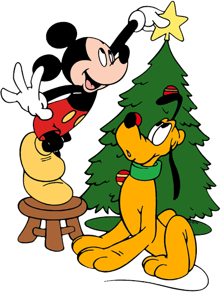 Mickey Mouse places a star on a Christmas tree while Pluto watches, festive holiday scene.