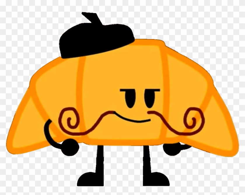 A cartoon croissant character wearing a black beret and mustache, with arms, legs, and a cheerful expression.
