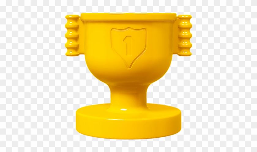 Bright yellow plastic trophy cup with number 1 shield emblem and dual ribbed handles on a transparent background.