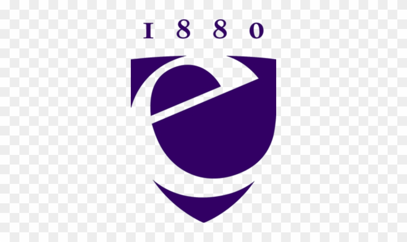 Purple shield-shaped logo with abstract design and "1880" above, representing institutional heritage.