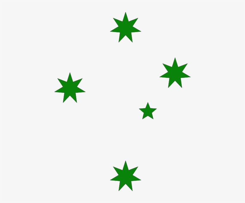Five green eight-pointed stars arranged in a scattered pattern on a white background.