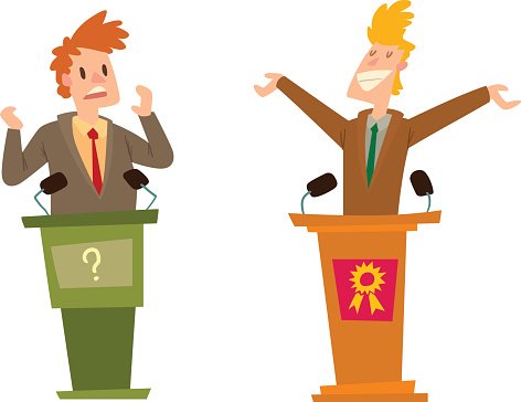 Two cartoon politicians at podiums-one confused with a question mark, the other triumphant with a ribbon award.