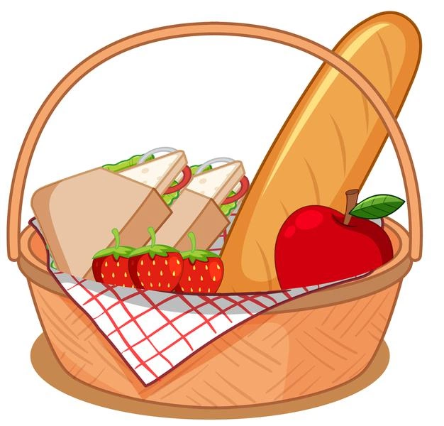 Woven picnic basket with sandwiches, baguette, strawberries, and a red apple on checkered cloth.