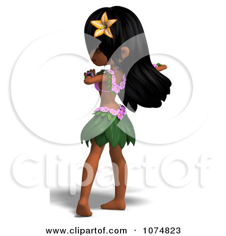 3D animated Polynesian-style girl with black hair, flower crown, leaf skirt, and floral accessories, viewed from behind.