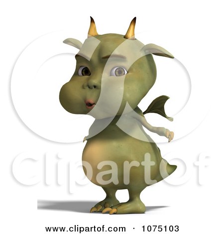 Cute 3D green baby dragon with horns, wings, and surprised expression standing on white background.