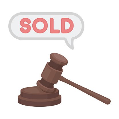 Wooden gavel with "SOLD" speech bubble above, symbolizing auction or property sale completion.