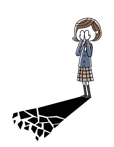 A schoolgirl in uniform covers her face with hands; her shadow shatters into fragments on the ground.