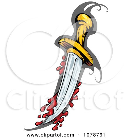 Stylized bloody dagger with ornate golden hilt and swirling black guard, cartoon illustration.