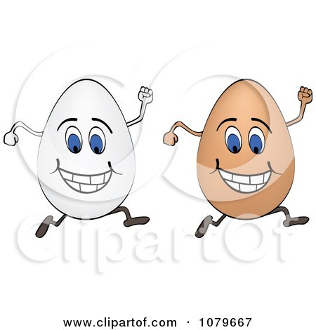 Two cheerful cartoon eggs-one white, one brown-running with raised fists and big smiles.