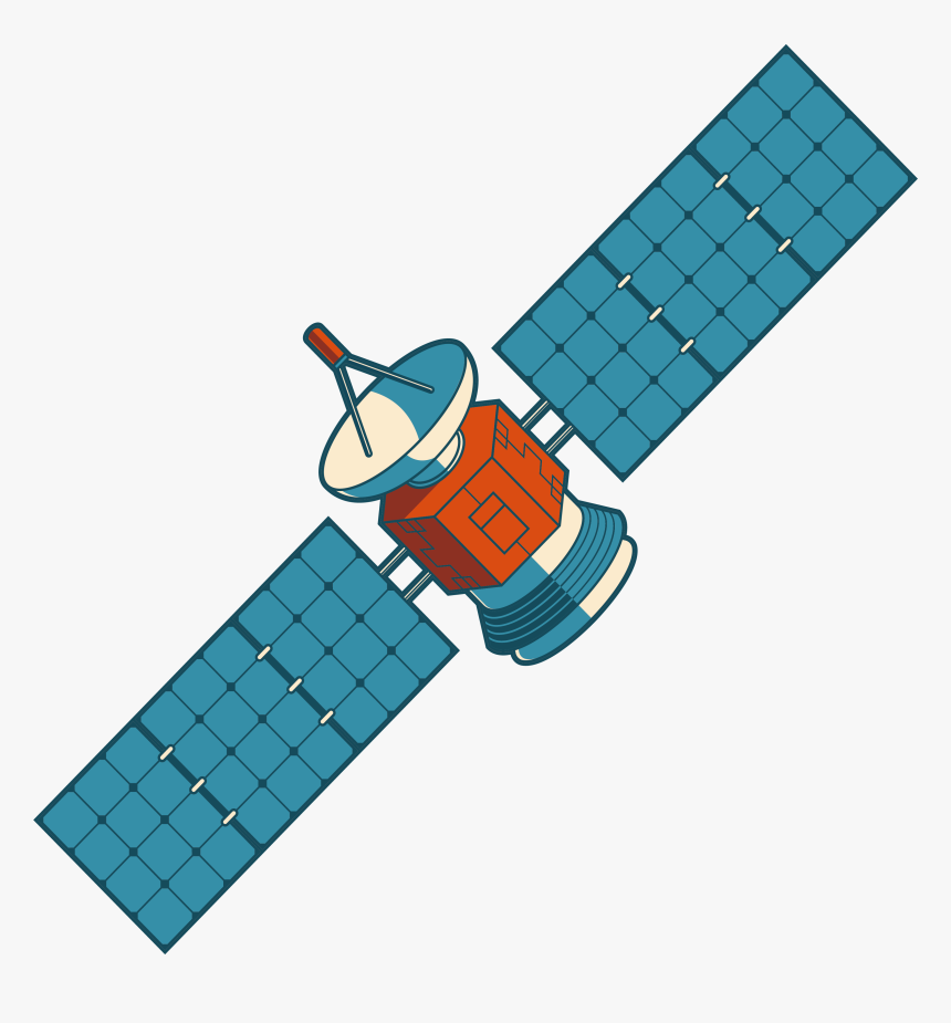 Illustration of a satellite with solar panels, dish antenna, and orange body against white background.