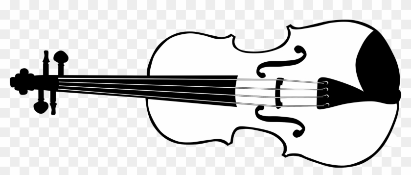 Black-and-white silhouette of a violin with four strings, scroll, and f-holes on transparent background.