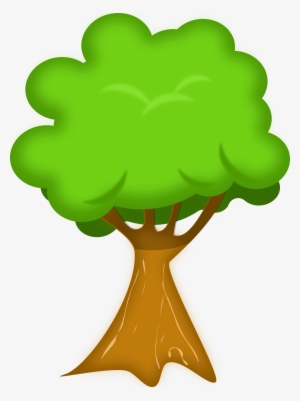 A cartoon-style green leafy tree with a brown trunk on a white background.