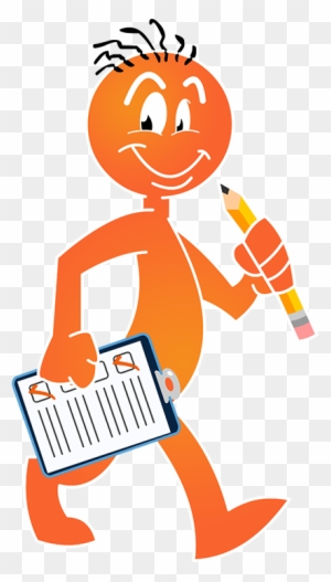 Orange cartoon character holding a pencil and clipboard, smiling while walking.