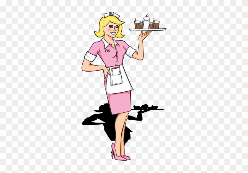 Smiling blonde waitress in pink uniform holding a tray with drinks and dessert, shadow shows her carrying a gun.