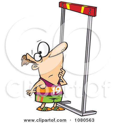 Cartoon runner with number 19 nervously eyeing a high jump bar, showing anxiety before attempting the leap.