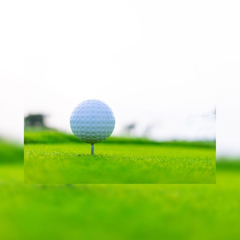 A white golf ball on a tee against a blurred green fairway and bright sky.