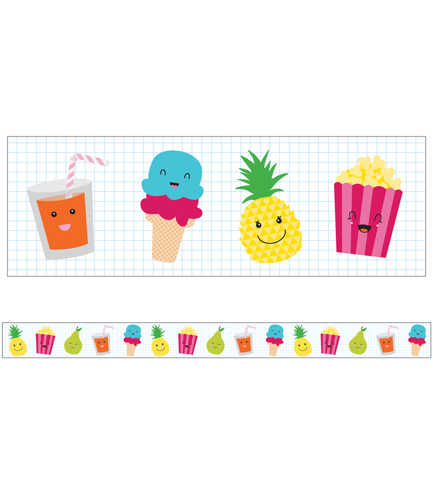 Cute kawaii-style food characters: juice, ice cream, pineapple, and popcorn on grid paper background.