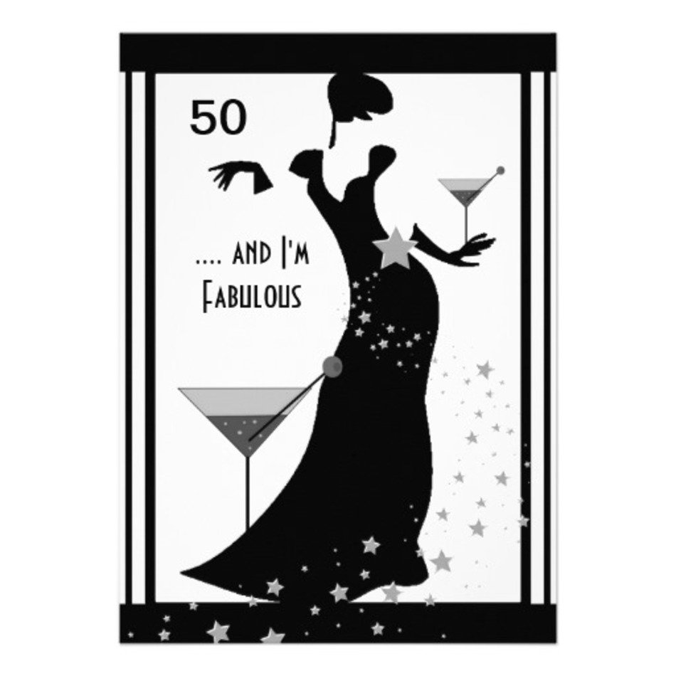 Black-and-white 50th birthday invitation featuring a glamorous silhouette holding a martini, with stars and "50... and I'm Fabulous" text.