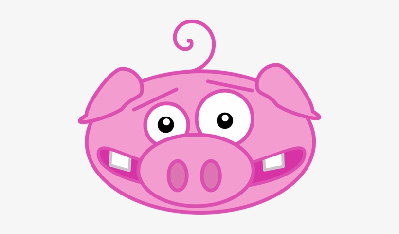 Pink cartoon pig face with curly tail, wide eyes, and two front teeth smiling.