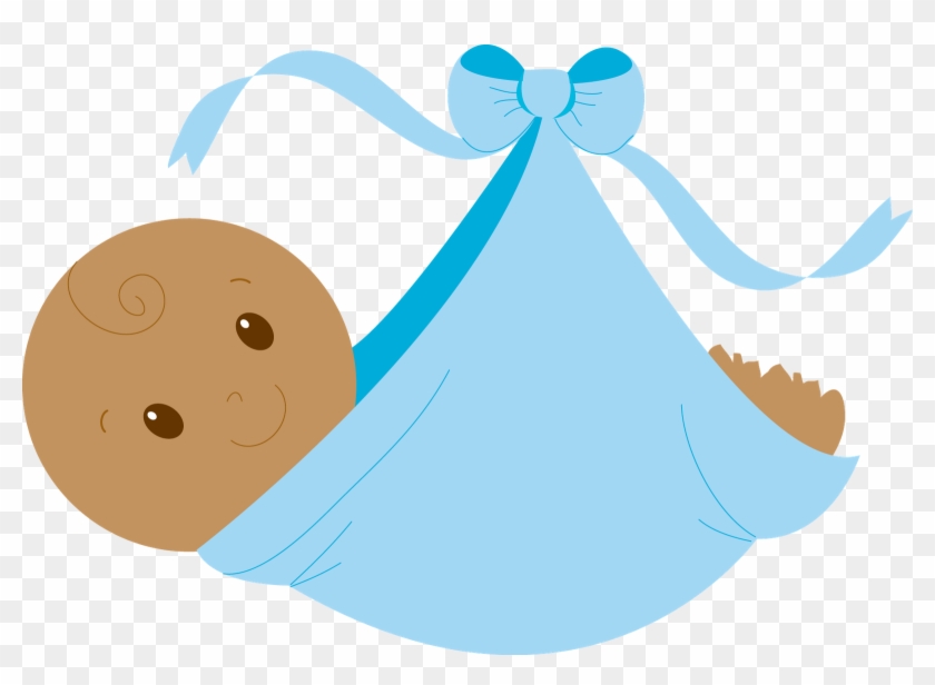 Smiling baby with brown skin wrapped in a light blue blanket with a bow.