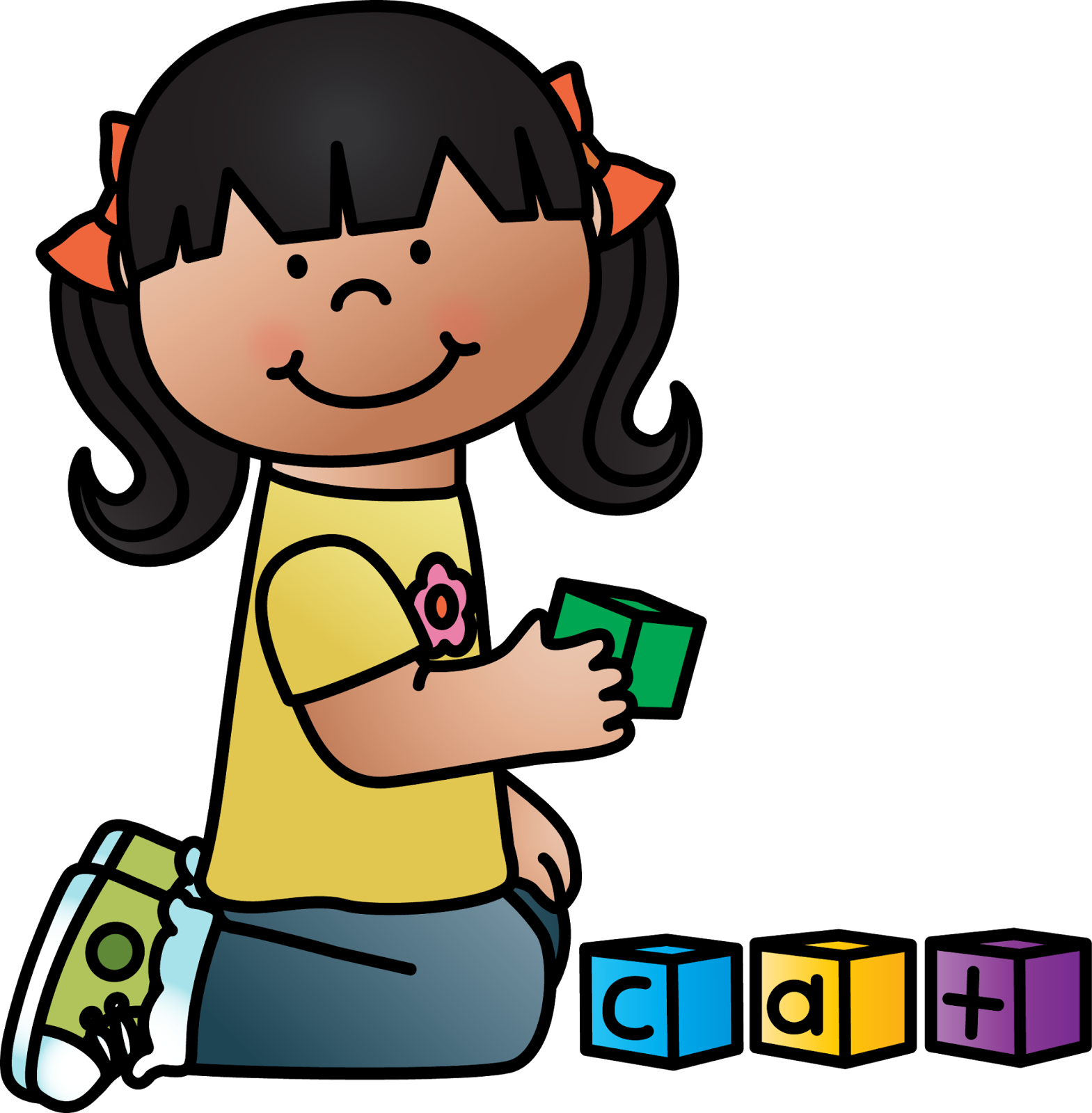 A smiling girl with pigtails plays with colorful alphabet blocks, holding a green cube.