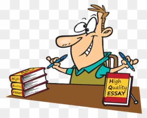 Cartoon man writing essays with books and a "High Quality Essay" sign on desk.