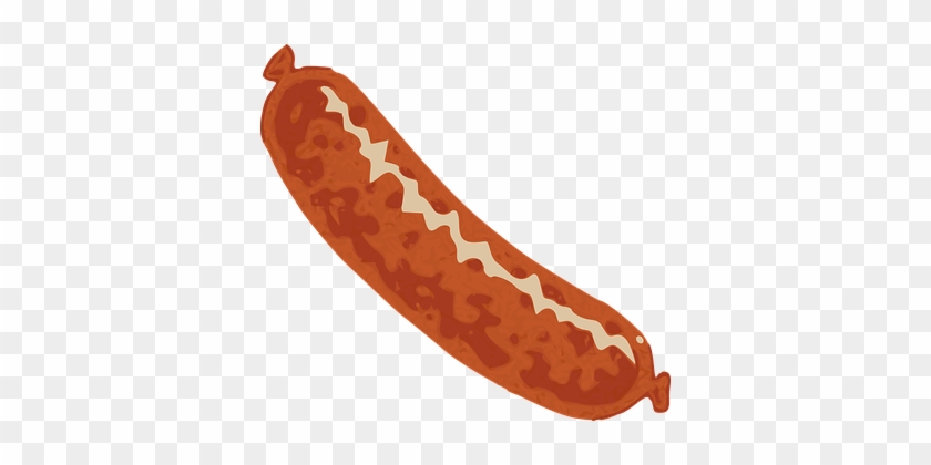 Illustrated grilled sausage with zigzag mustard topping on transparent background.