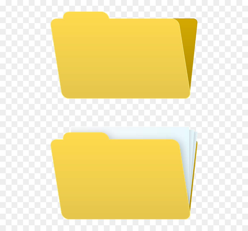 Two yellow digital folder icons on transparent background, one open with documents visible.