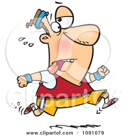 Cartoon man sweating heavily while jogging, wearing red shirt and yellow shorts, looking exhausted but determined.