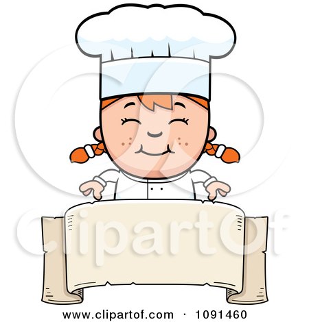 Smiling cartoon girl chef with pigtails, white toque, and blank scroll banner.