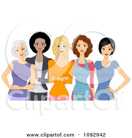 Five diverse women standing together in a friendly group pose, smiling confidently.
