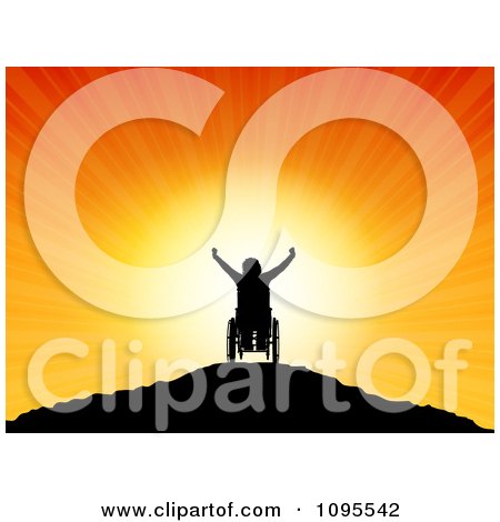 Silhouette of a person in a wheelchair raising arms triumphantly atop a hill against a radiant orange-yellow sunrise with infinity symbol.