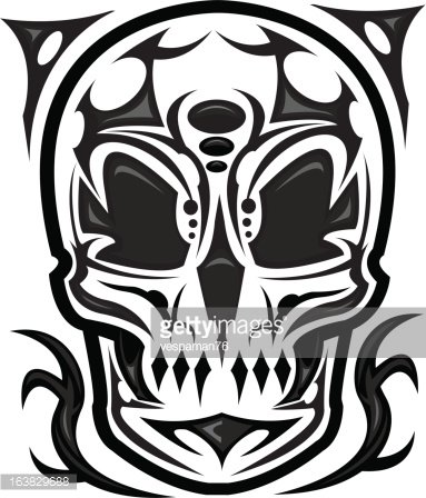 Tribal-style black-and-white skull illustration with ornate symmetrical patterns and sharp teeth.