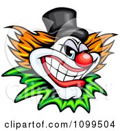 Grinning cartoon clown with wild orange hair, red nose, black top hat, and green ruffled collar.
