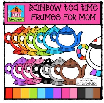 Rainbow tea time frames for mom-colorful teapot clipart in vibrant hues with matching color swatches and creator credit.