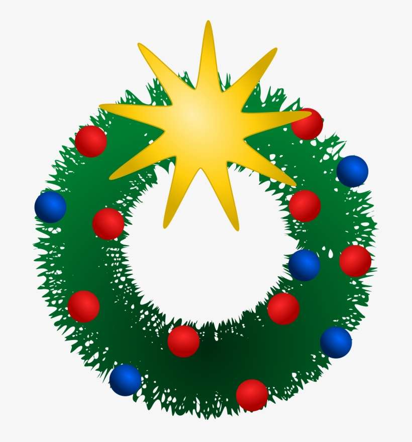 Green Christmas wreath with red and blue ornaments and a golden star on top.
