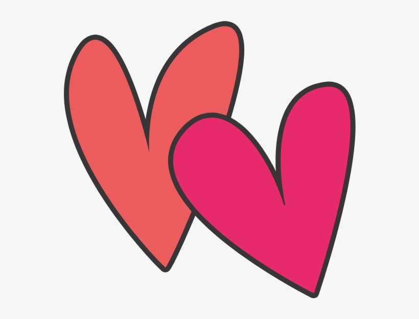 Two overlapping hearts in coral and magenta with black outlines on a white background.