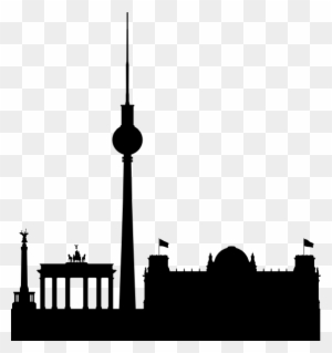 Silhouette of Berlin skyline featuring Fernsehturm, Brandenburg Gate, and Reichstag building.