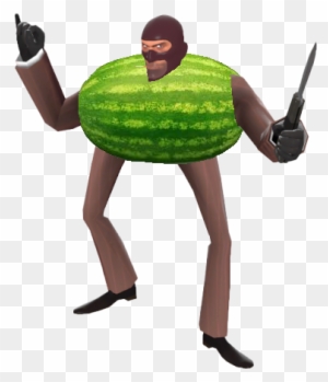 A masked figure in a watermelon costume holds a knife and points upward, styled like a meme character.