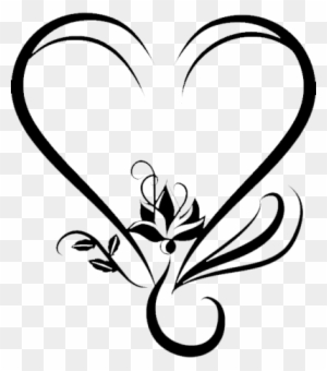 Elegant black-and-white heart with floral vine swirl, stylized romantic vector illustration.