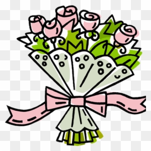 A hand-drawn bouquet of pink roses wrapped in green paper with a pink ribbon bow.