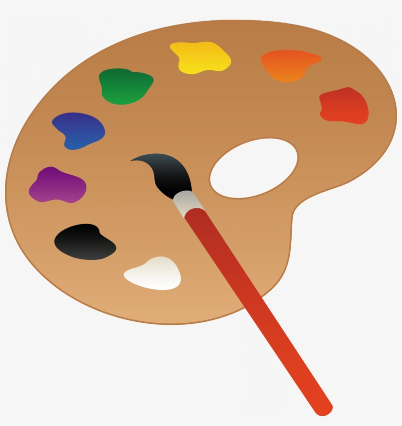 Wooden artist's palette with eight vibrant paint blobs and a red-handled brush resting diagonally across it.
